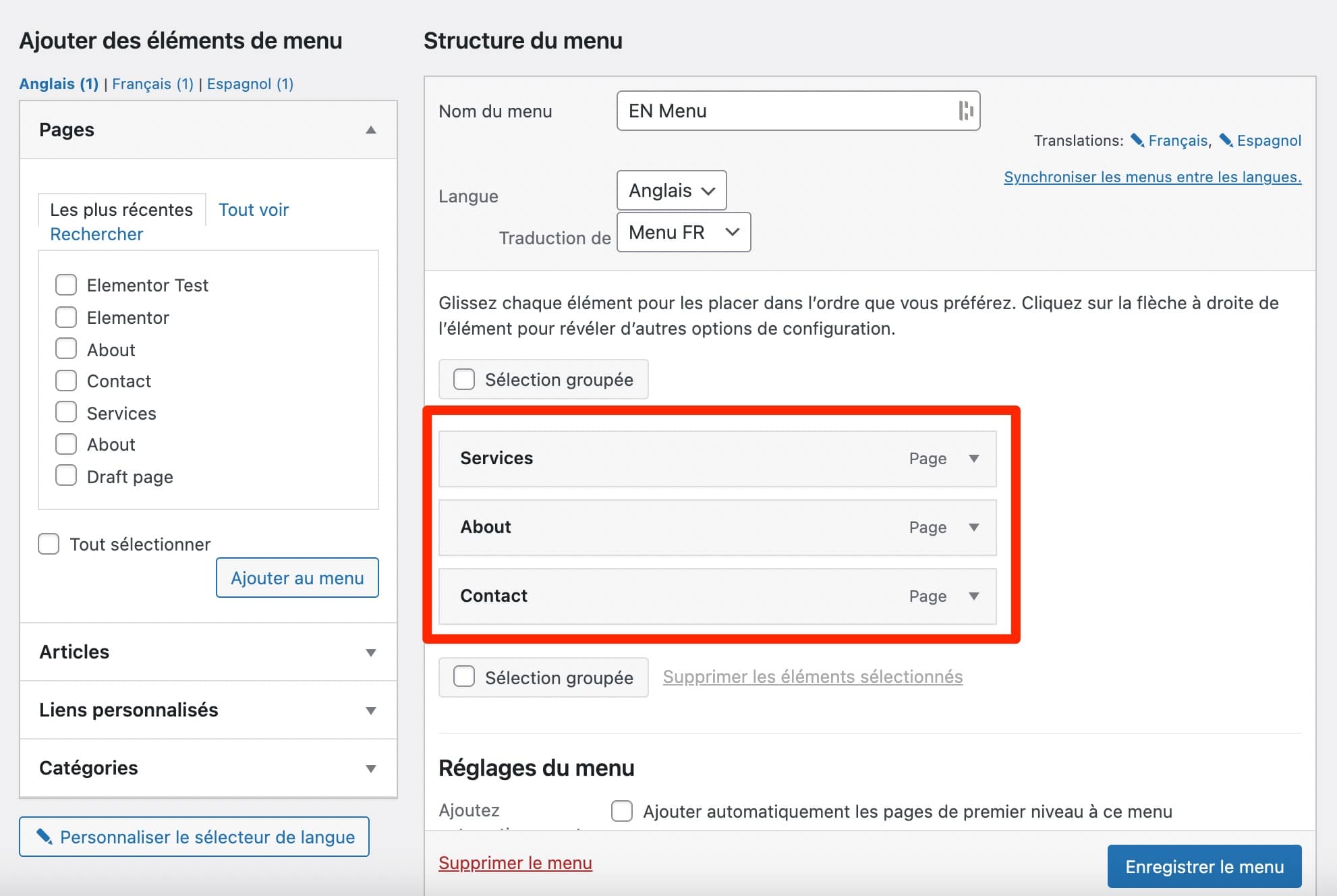 Un menu créé en anglais avec WPML.