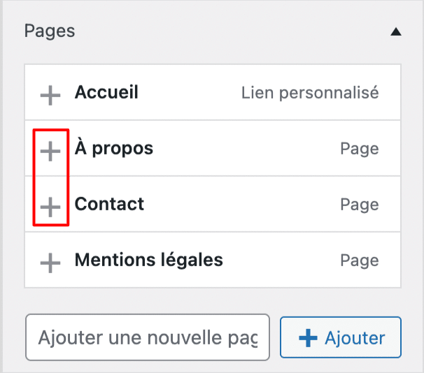 Ajouter une page à un menu avec l'Outil de personnalisation.