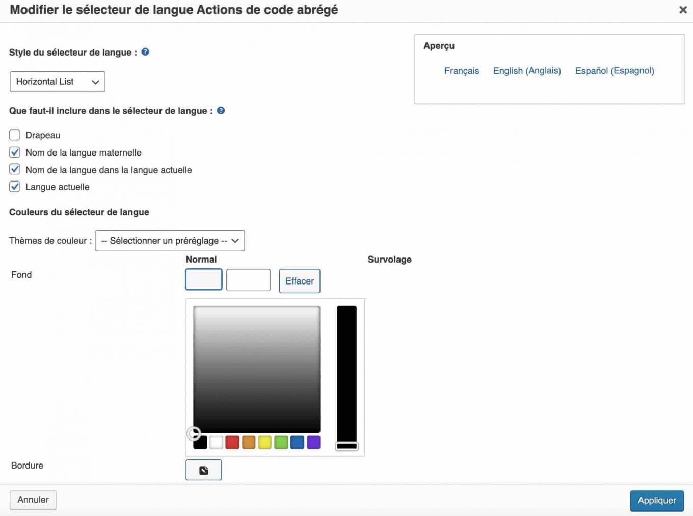 Réglages pour modifier le sélecteur de langue.