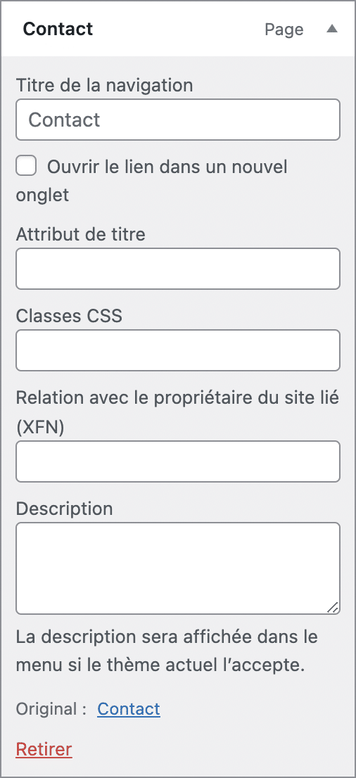 Options avancées des menus WordPress.