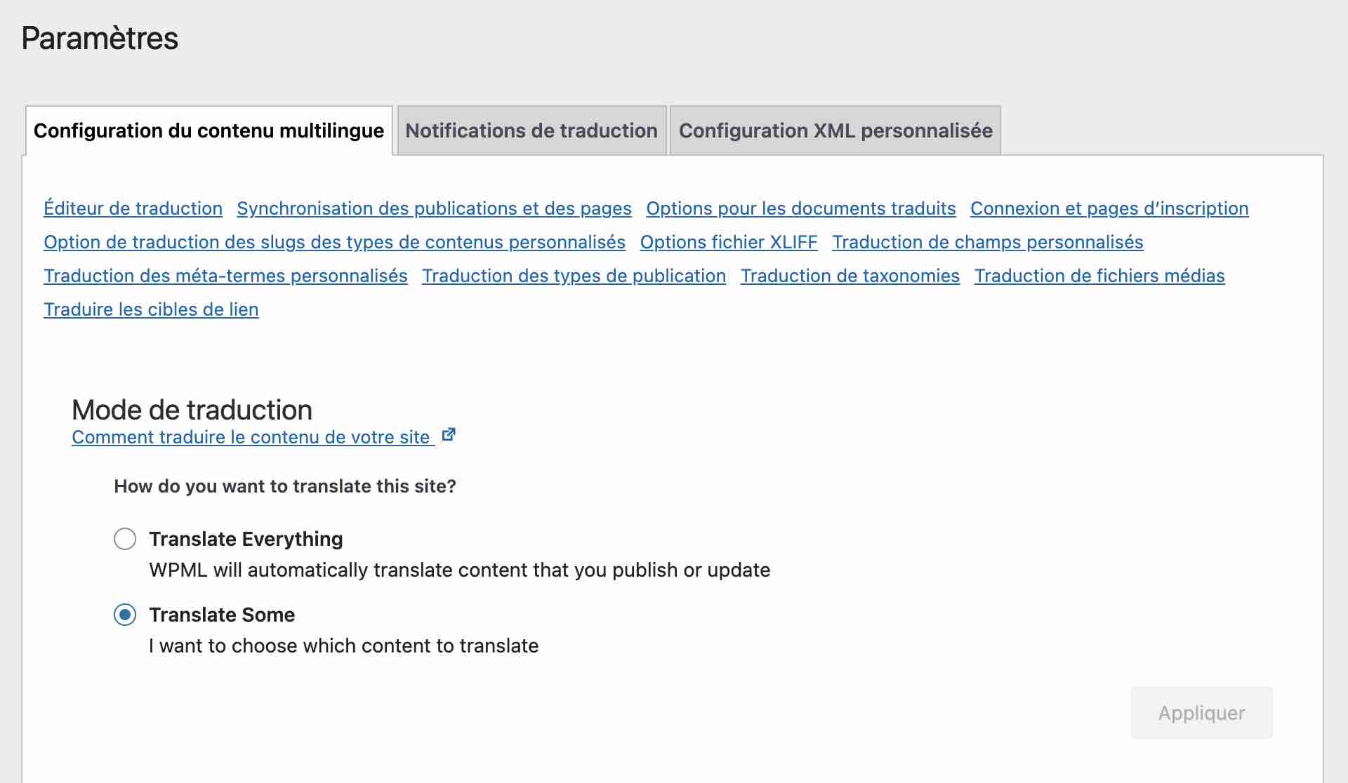 Paramètres de l'extension multilingue WPML.