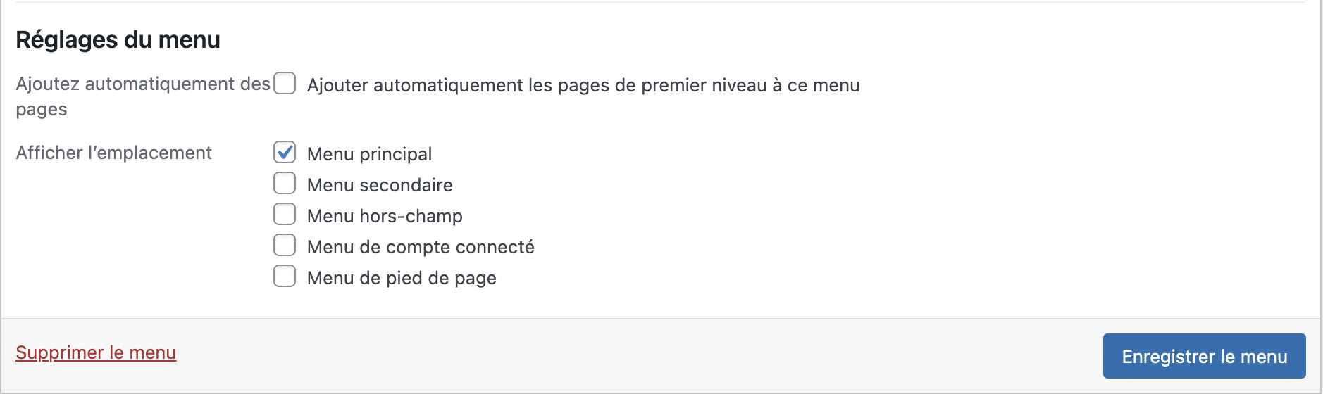 Réglages des menus dans WordPress.