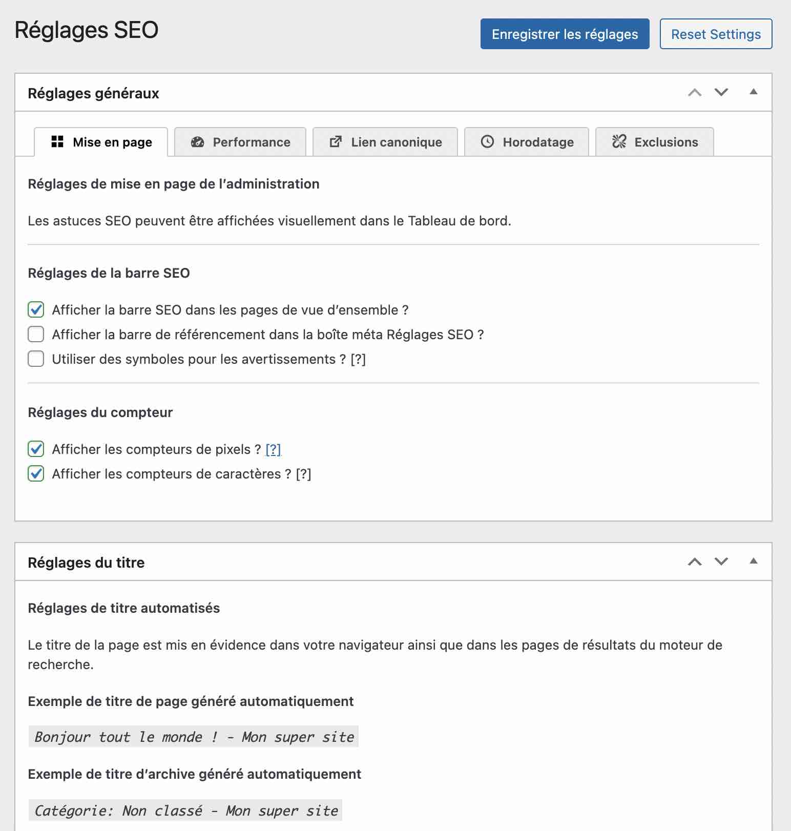 Réglages de l'extension WordPress The SEO Framework.