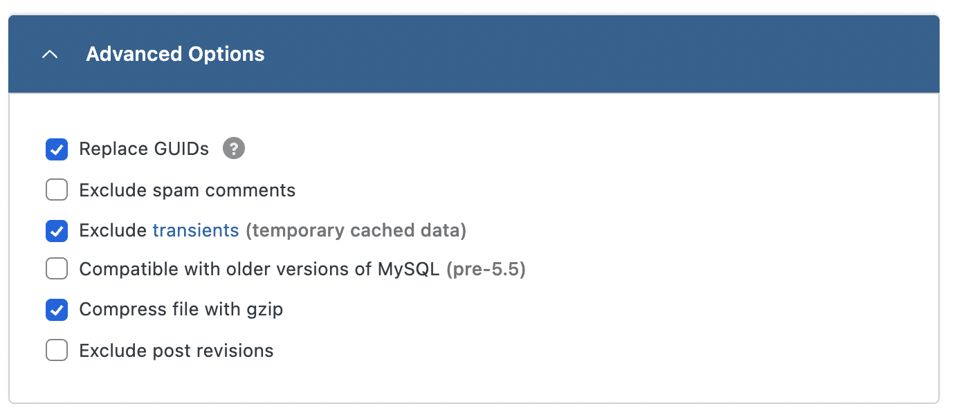 WP Migrate DB advanced options