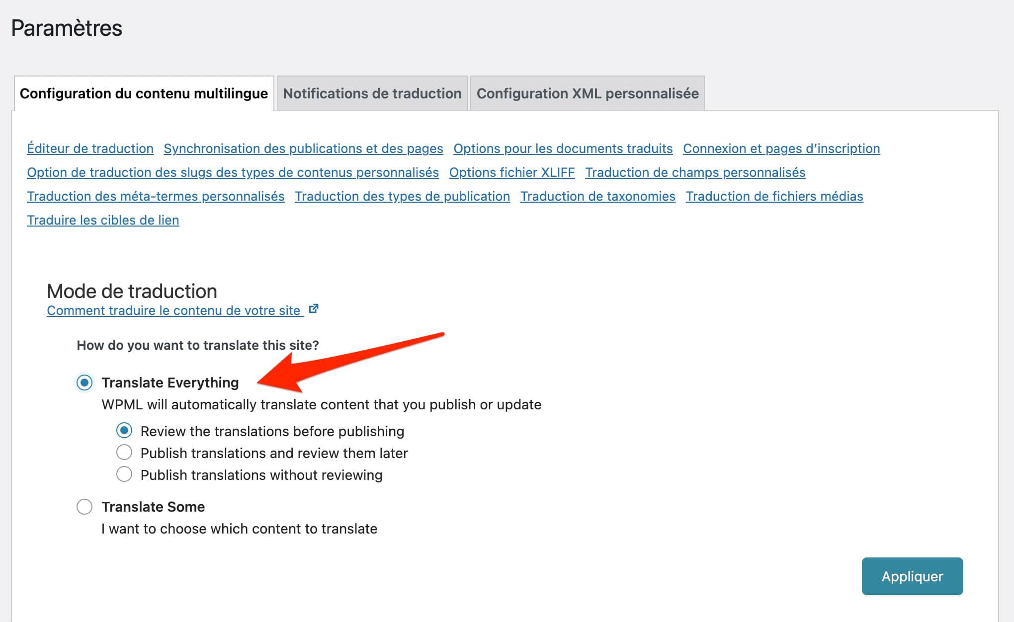 La fonctionnalité Translate Everything de WPML.