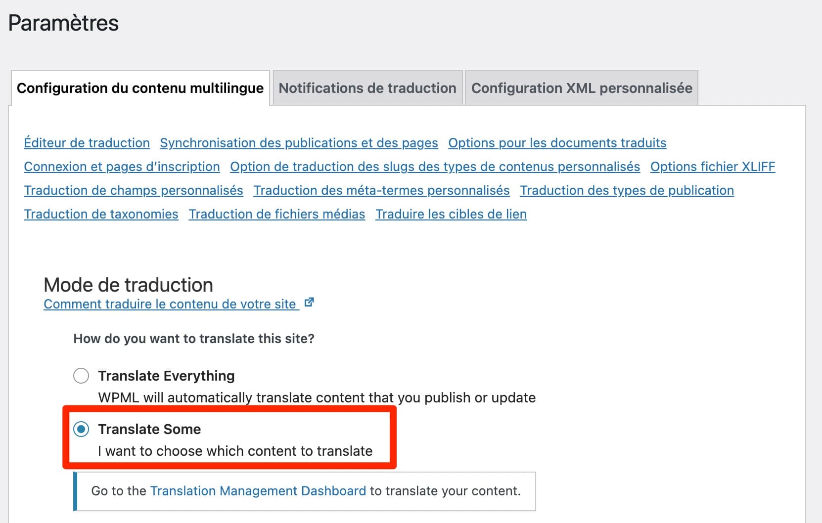 L'option « Translate Some » de WPML.