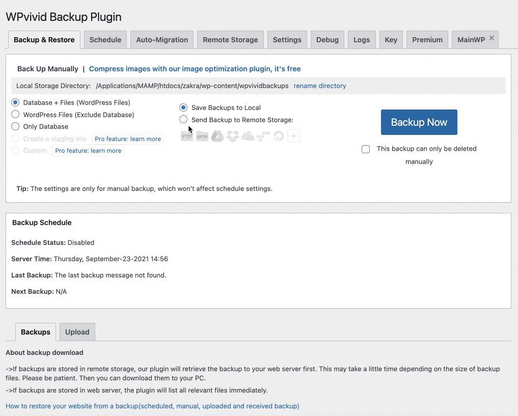 WPvivid Backup Plugin menus.