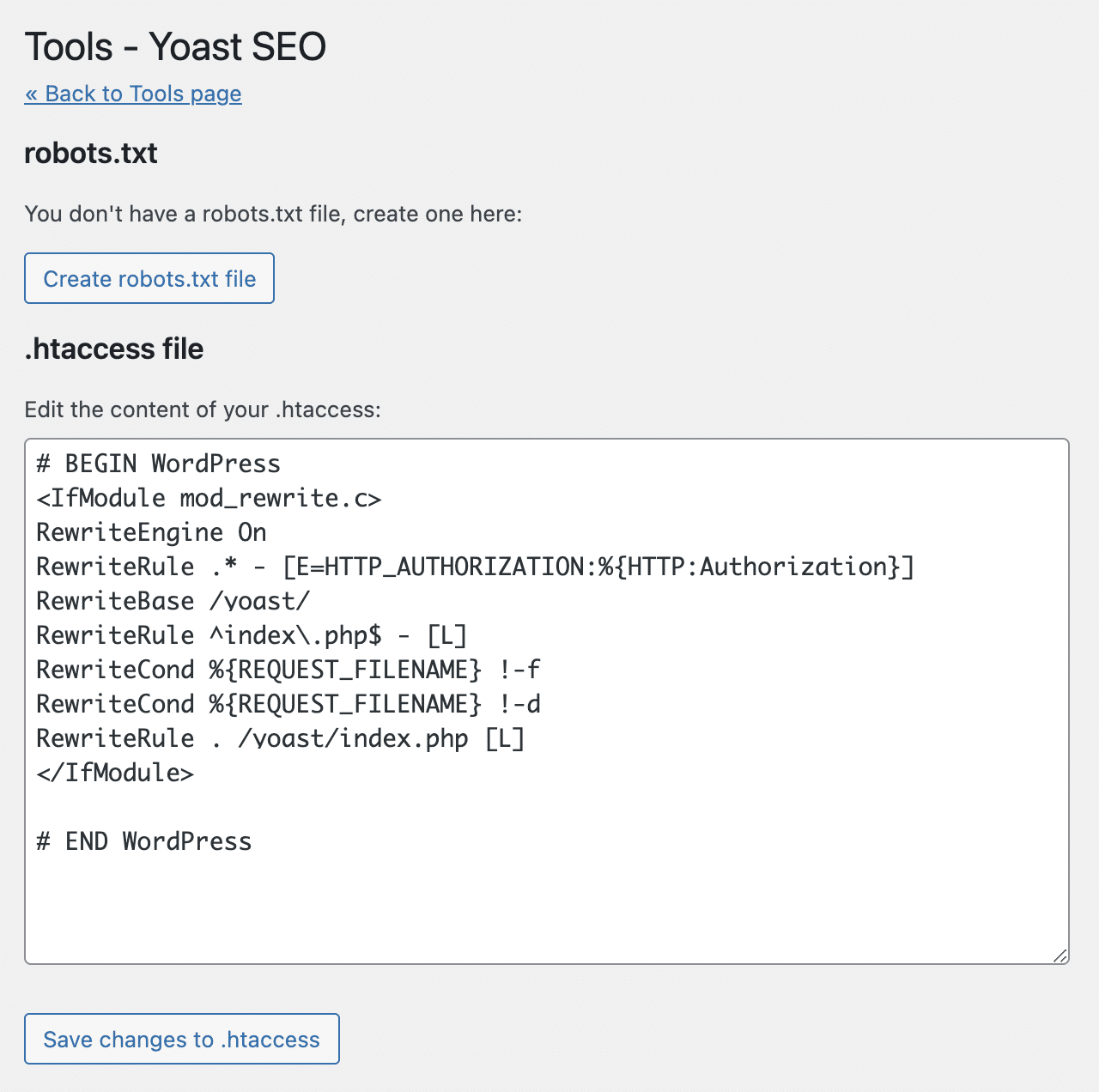 robots.txt and .htaccess file in the Tools of Yoast SEO.