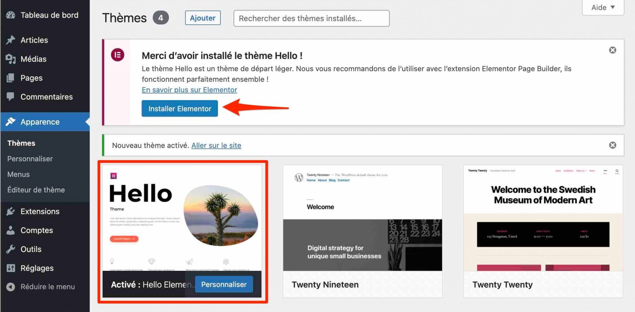 Après activation, Hello Elementor recommande d'activer Elementor.