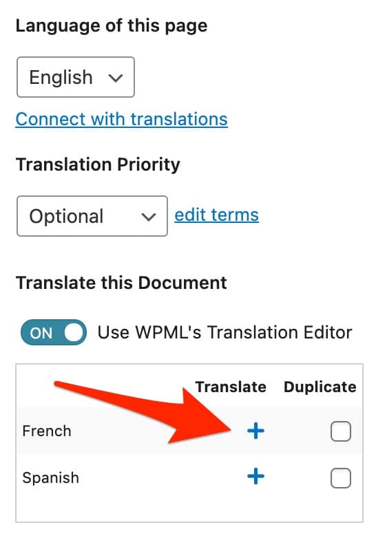 WPML language menu on the WordPress content editor, Gutenberg.