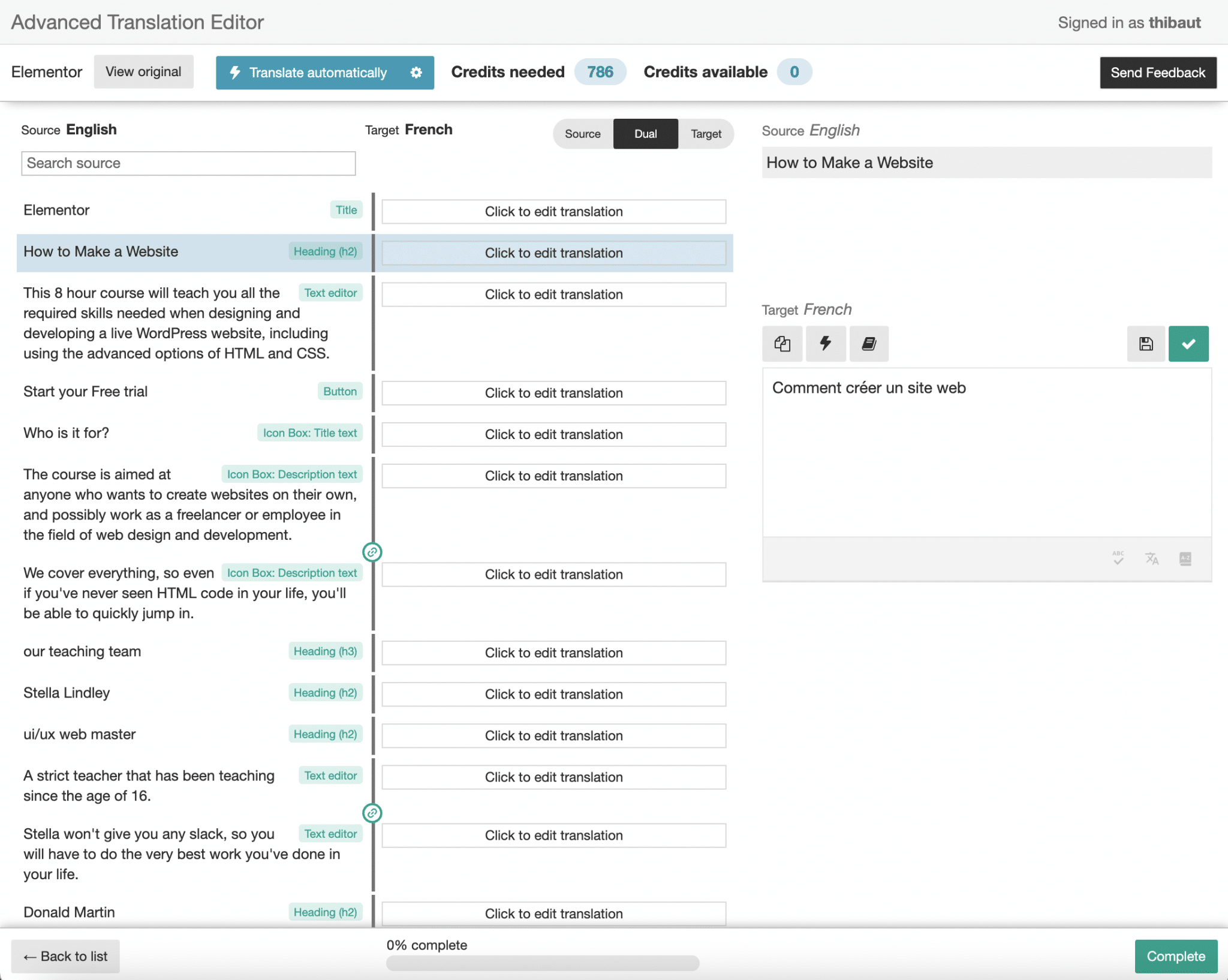 Advanced translation of a page built with Elementor.