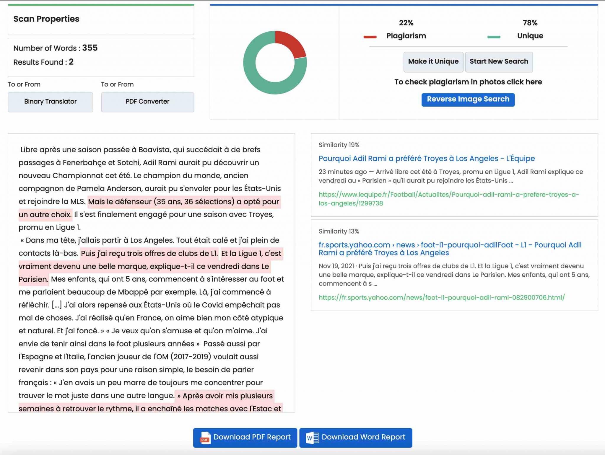 DupliChecker propose un taux de similarité au niveau du contenu dupliqué.