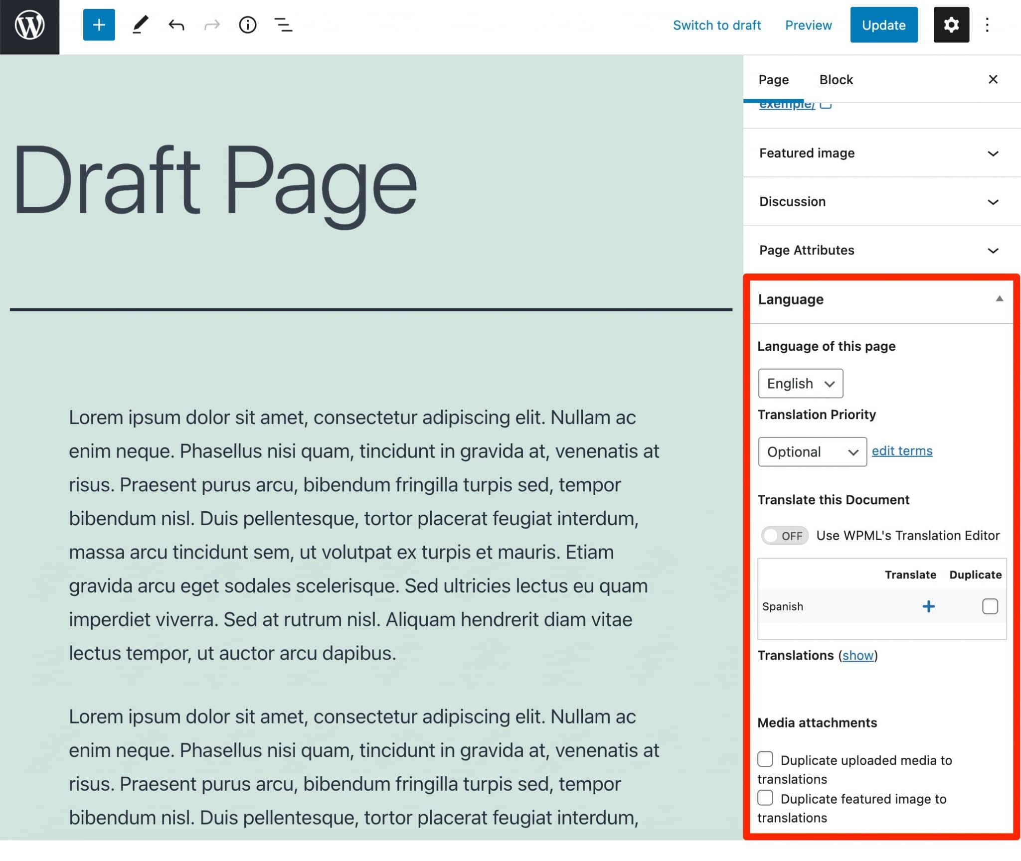 The language tab on the WordPress content editor, Gutenberg.