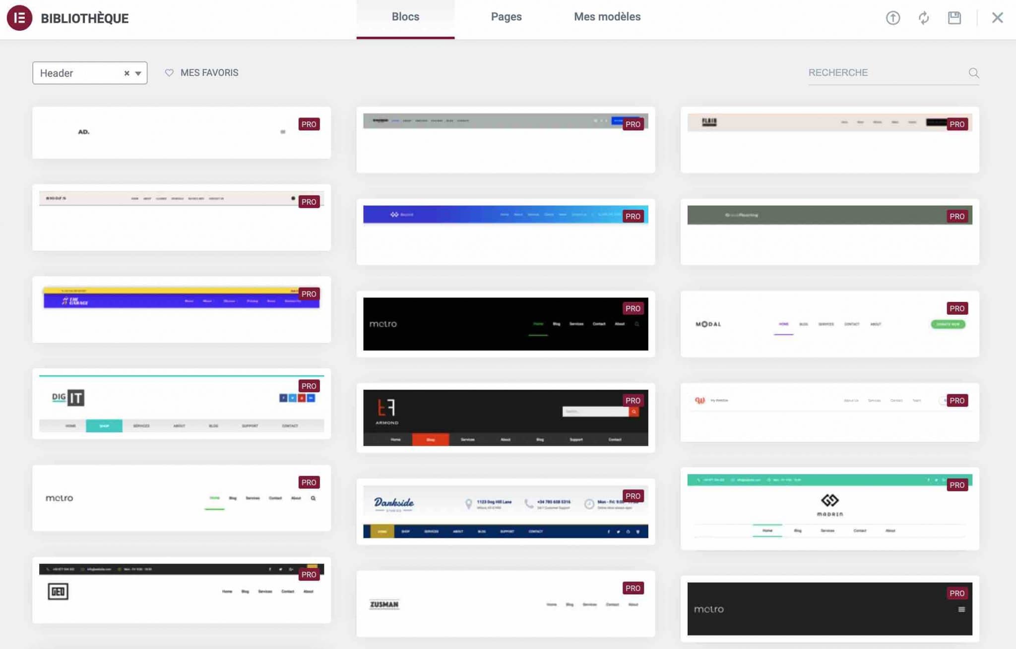 Les en-têtes proposés par Elementor sont uniquement utilisables avec la version Pro du page builder.