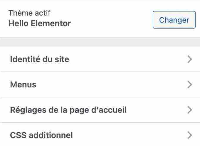Les menus de Hello Elementor sur l'Outil de personnalisation de WordPress.