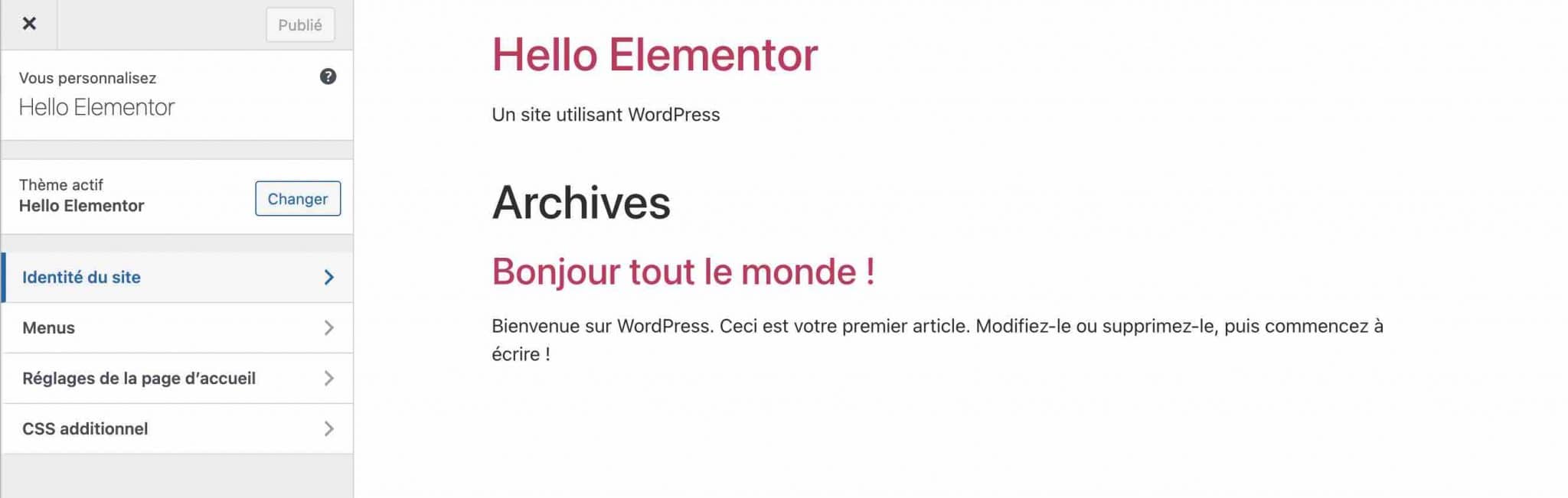 Apparence du thème Hello Elementor en front-end.