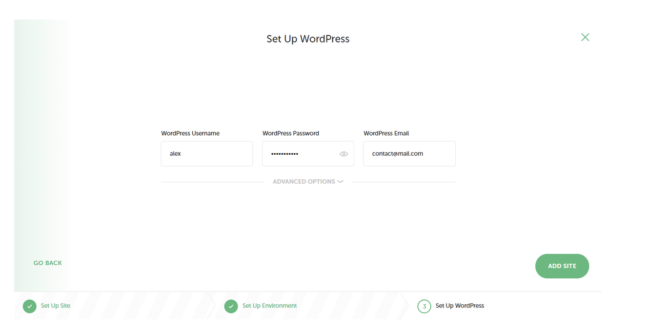 Local login details with the WordPress username, password and email.