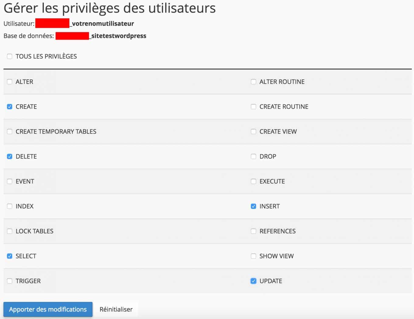 Gestion des privilèges d'une base de données.