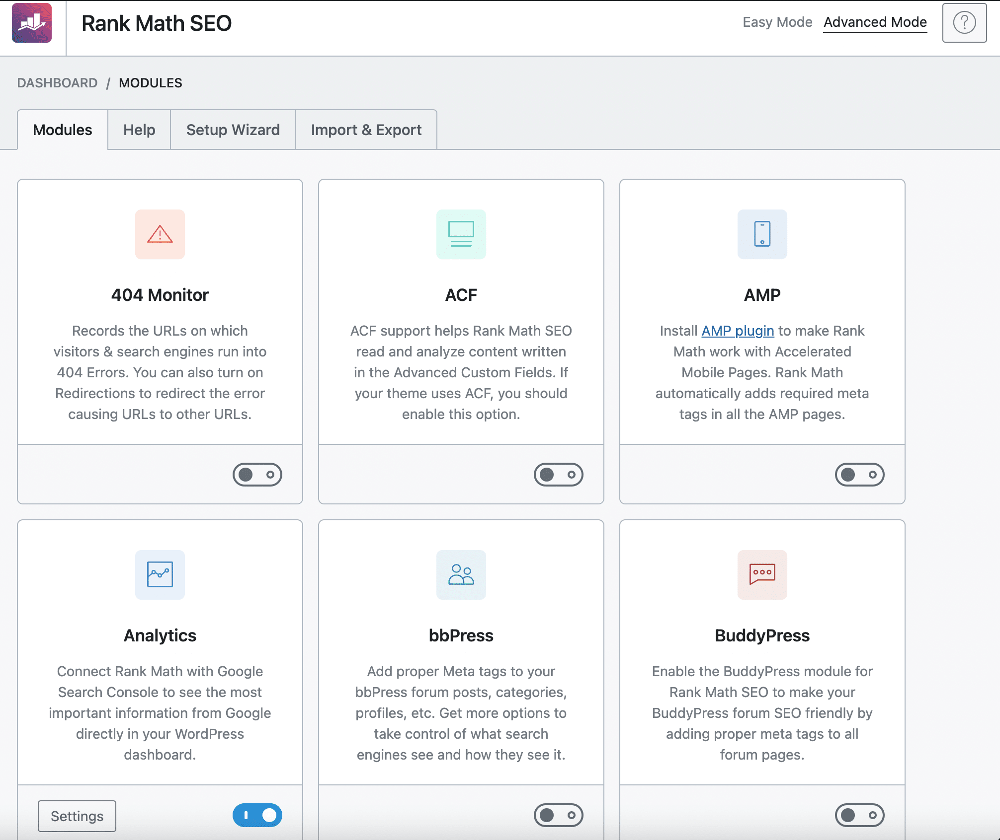 Rank Math allows you to activate SEO modules in one click.