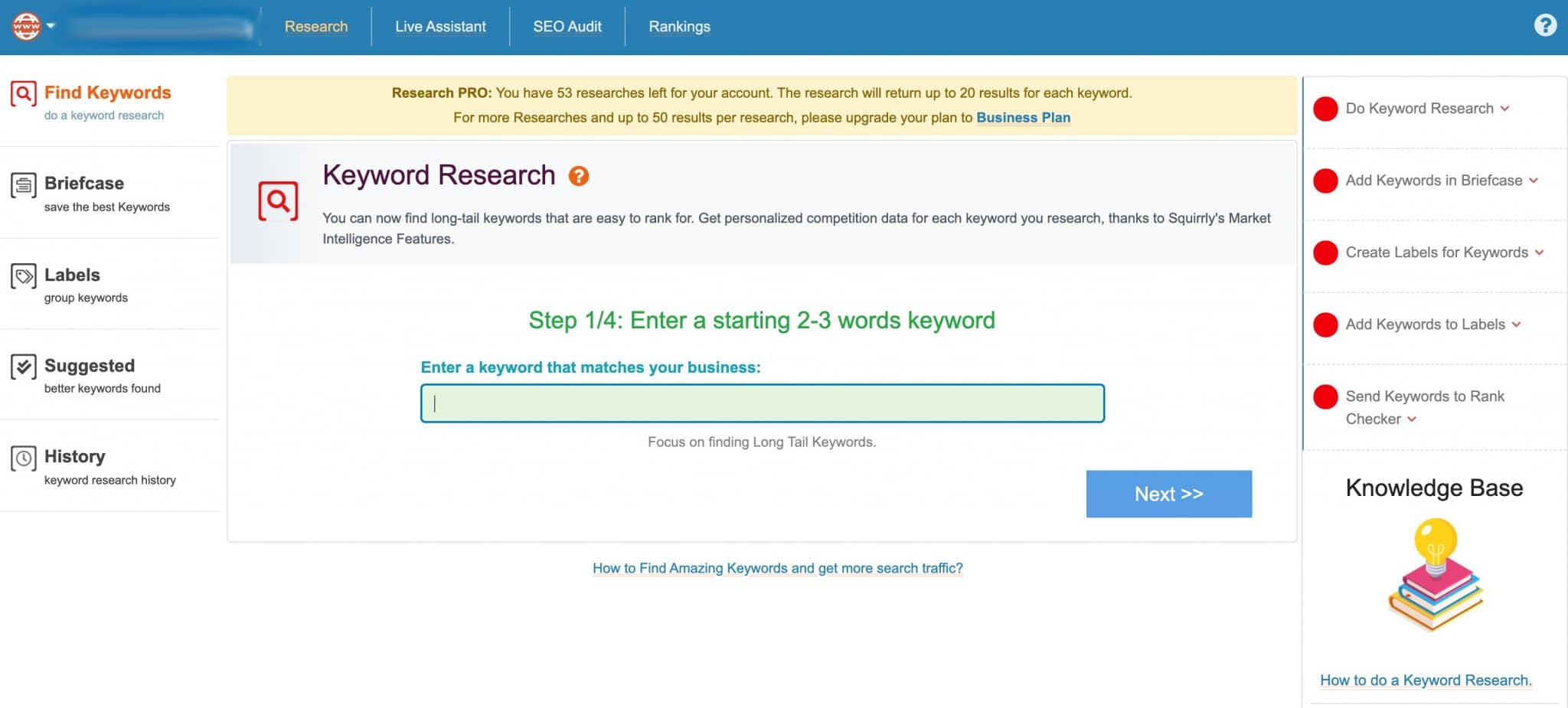 Squirrly dashboard with the Keyword research.