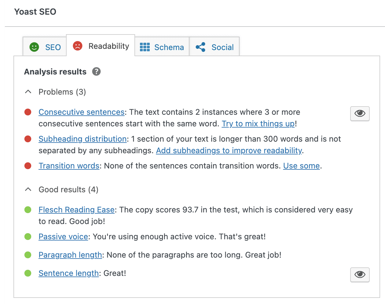 The Readability tab of Yoast, the WordPress SEO plugin.