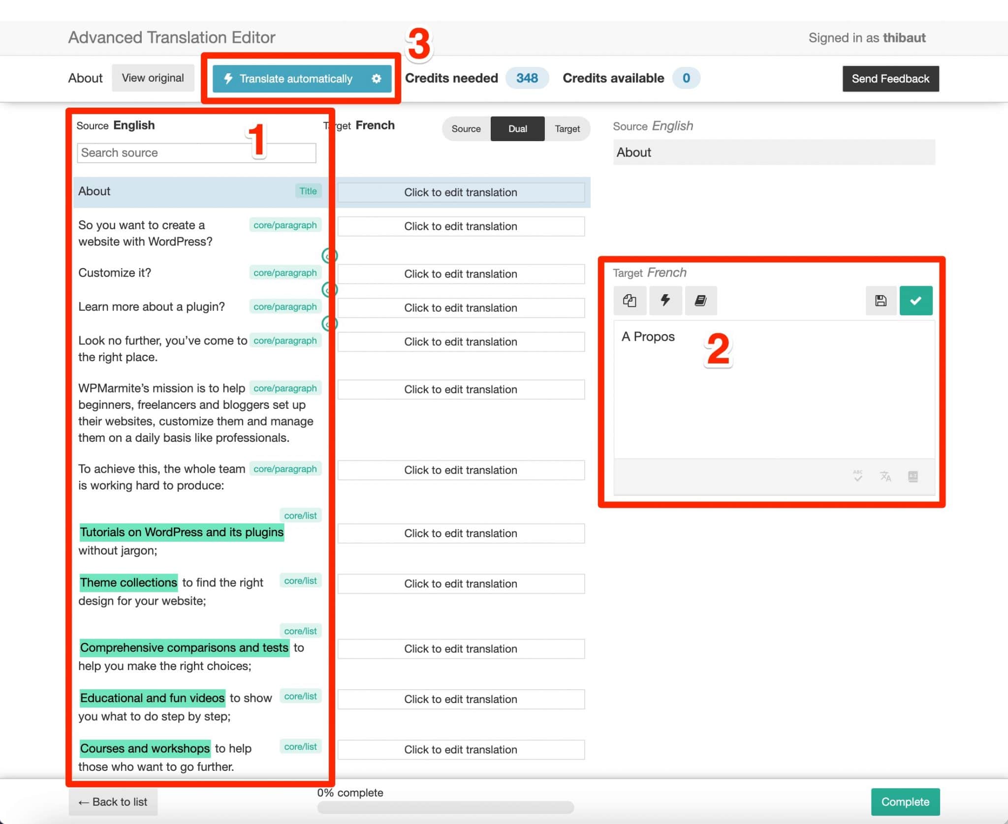 The Advanced Translation Editor interface on WPML.