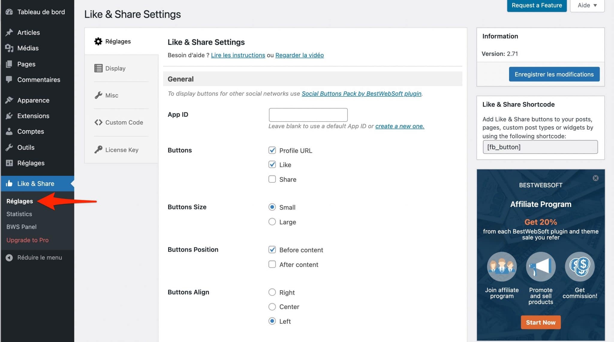 Réglages de l'extension BestWebSoft's Like & Share, pour relier WordPress à Facebook.