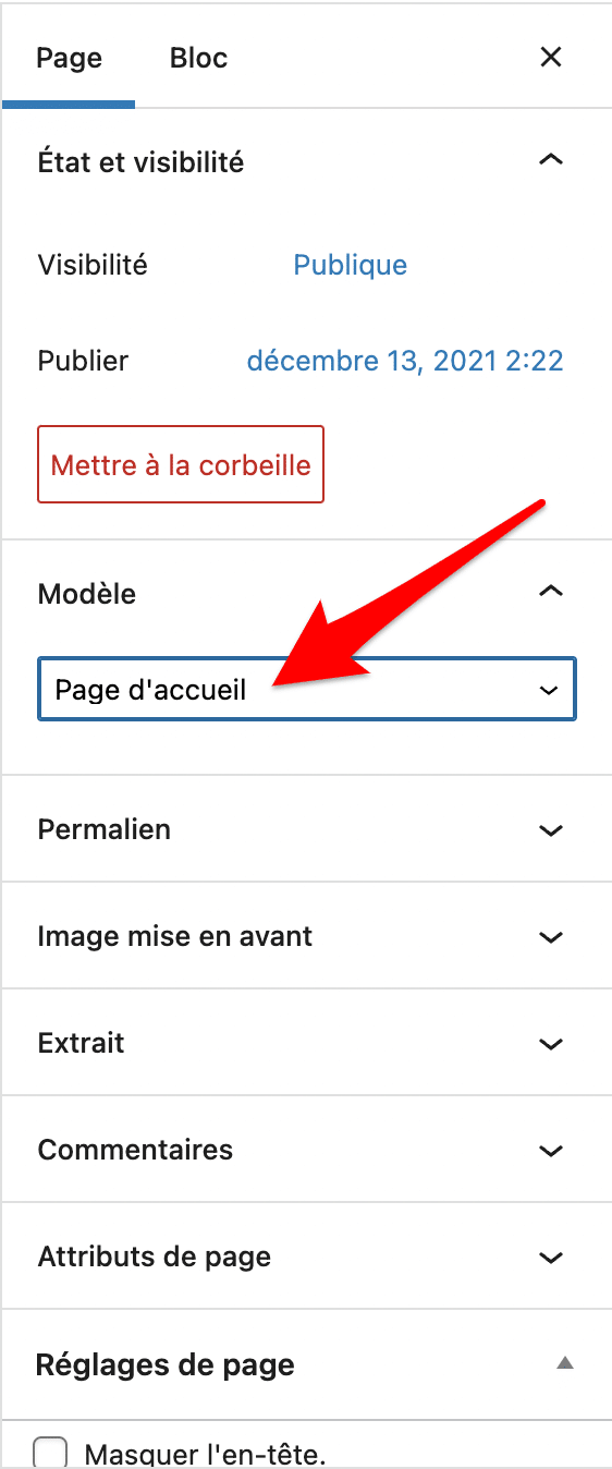 Définir un modèle de page dans l'éditeur de WordPress.