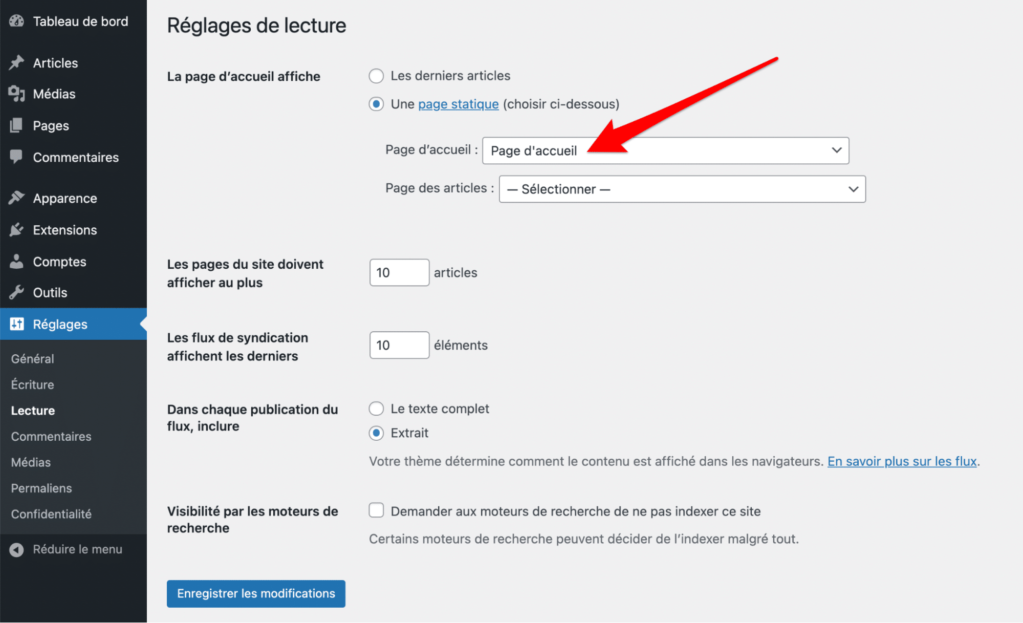 Le thème OnePress invite à définir une page en tant que page d'accueil.