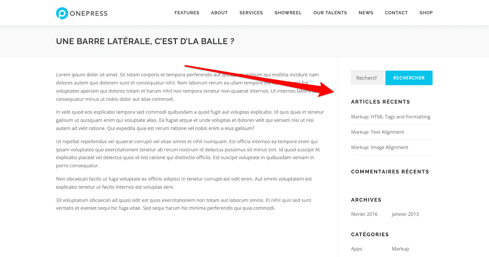 Une sidebar placée à droite sur un site OnePress.