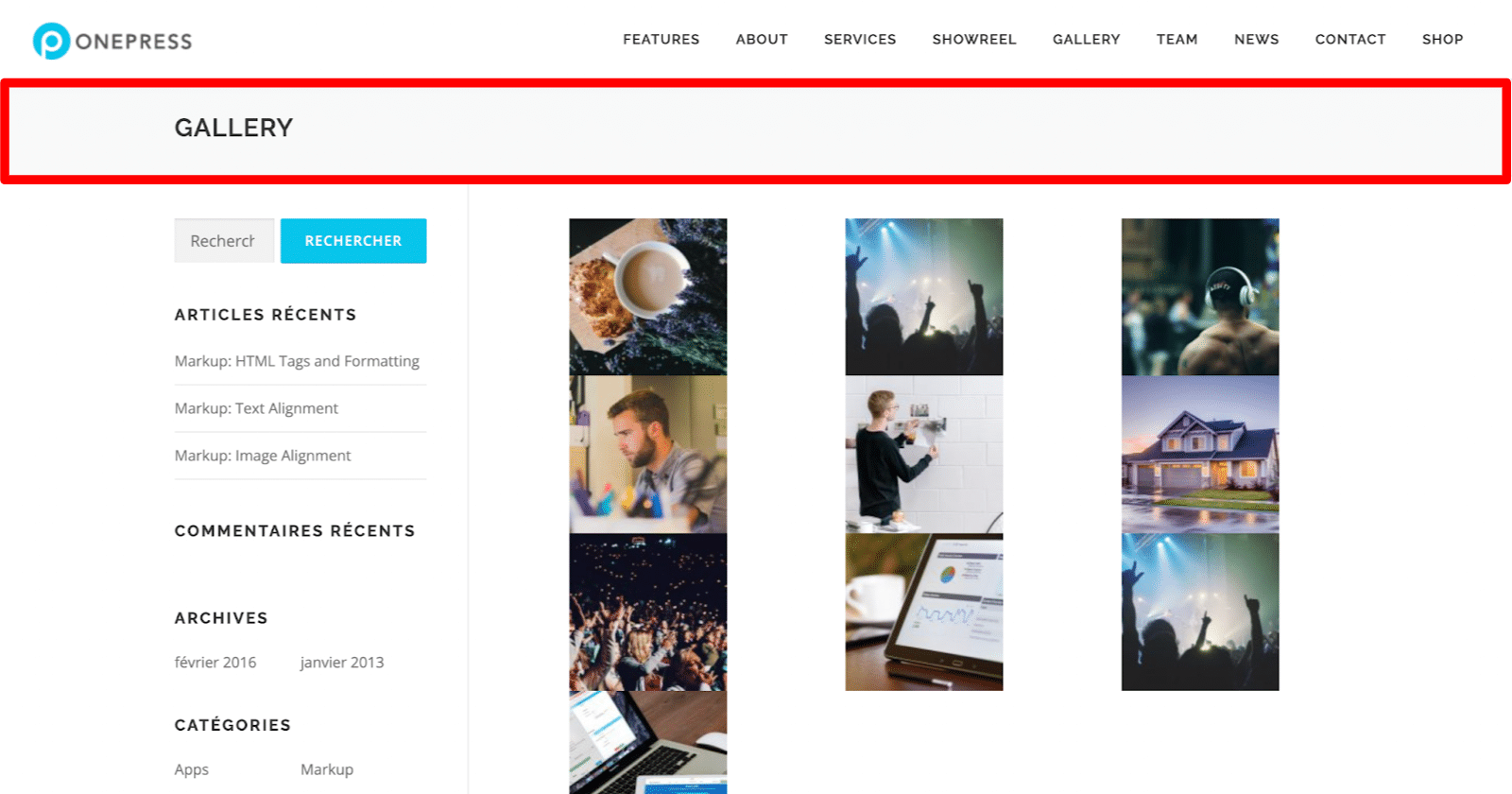 Une zone de titre de page sur un site OnePress.