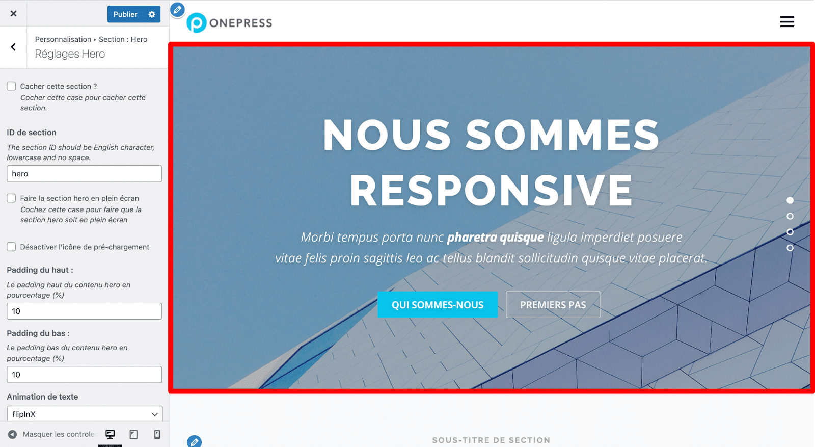 Personnalisation du hero header sur OnePress.