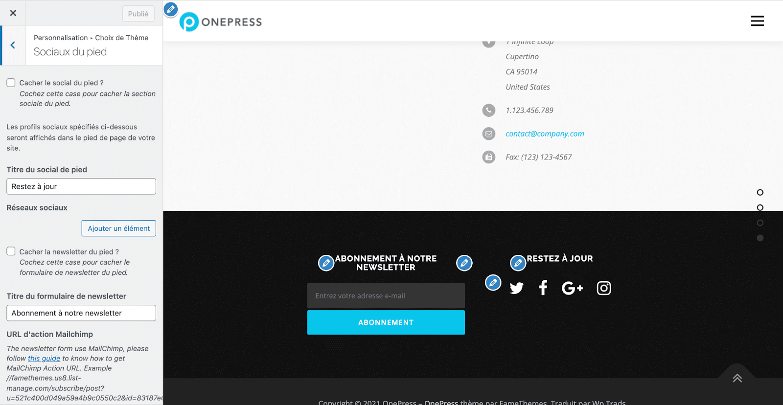 Personnalisation des icônes de réseaux sociaux du footer.