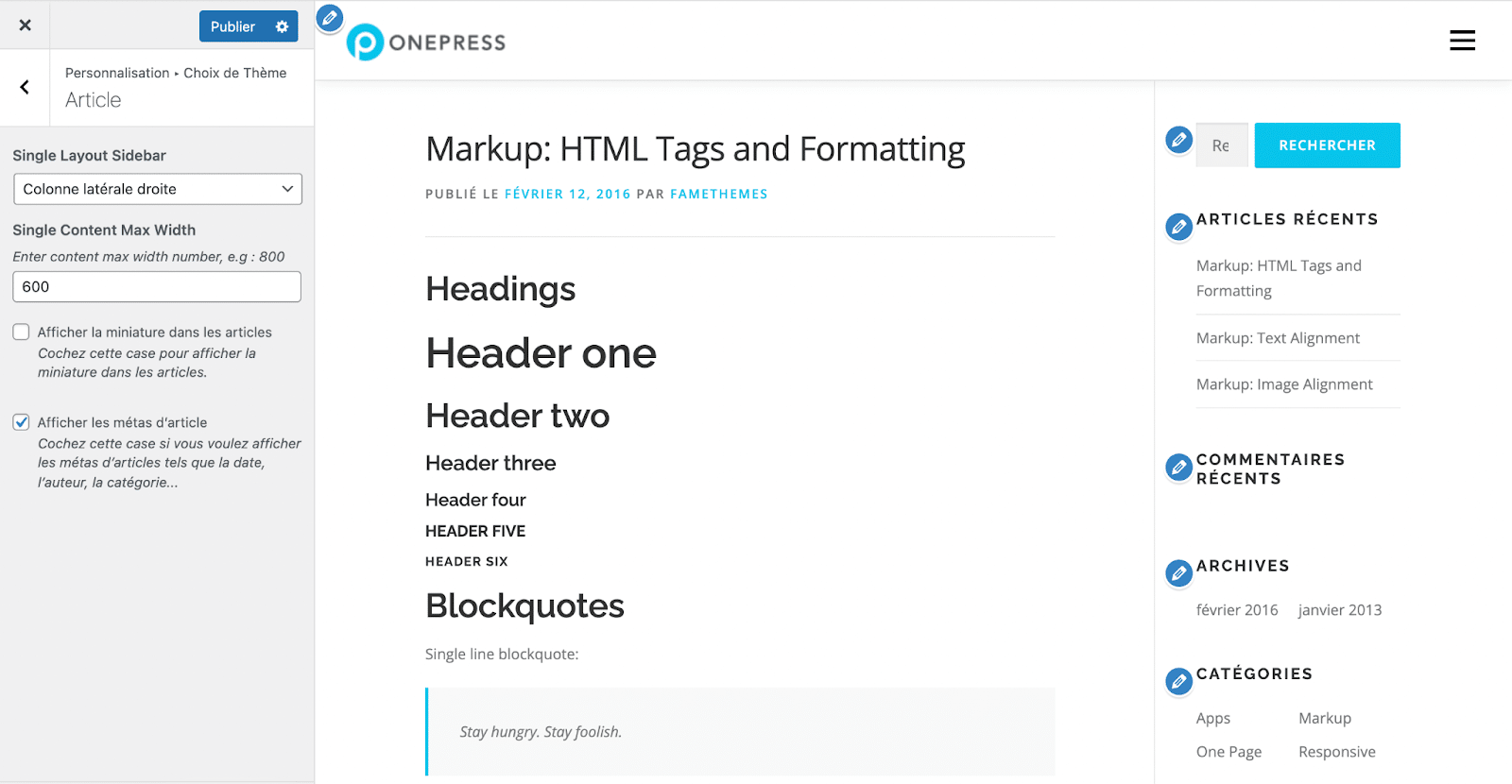 Réglages des articles avec le thème OnePress.