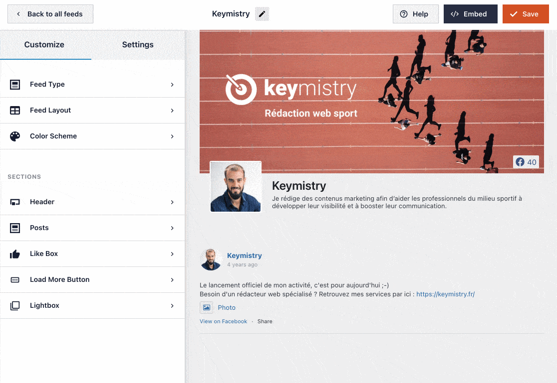 La personnalisation du fil d'actus Facebook avec l'extension Smash Balloon Social Post Feed sur WordPress.
