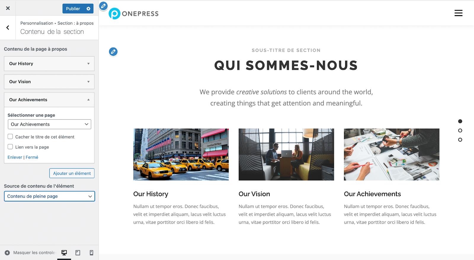 Section "À propos" d'un site OnePress.