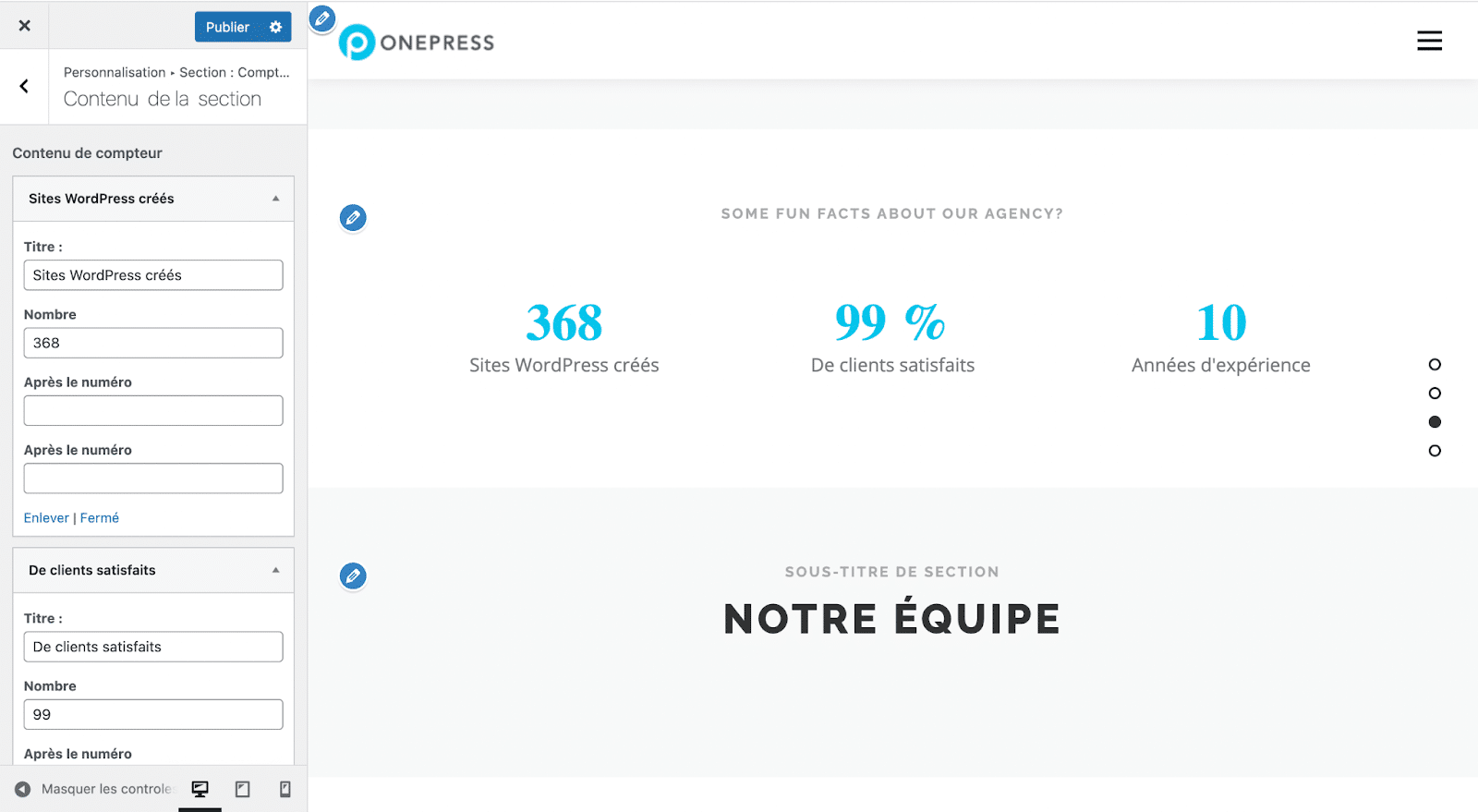Section "Compteurs" d'un site OnePress.