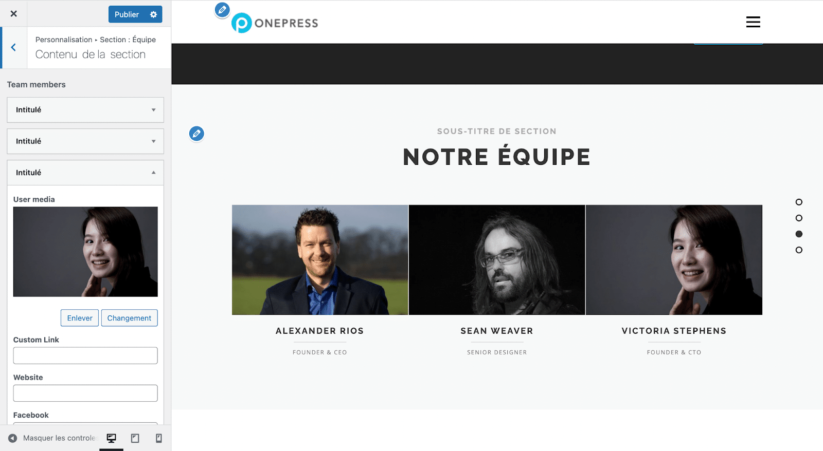Section "Équipe" sur OnePress.