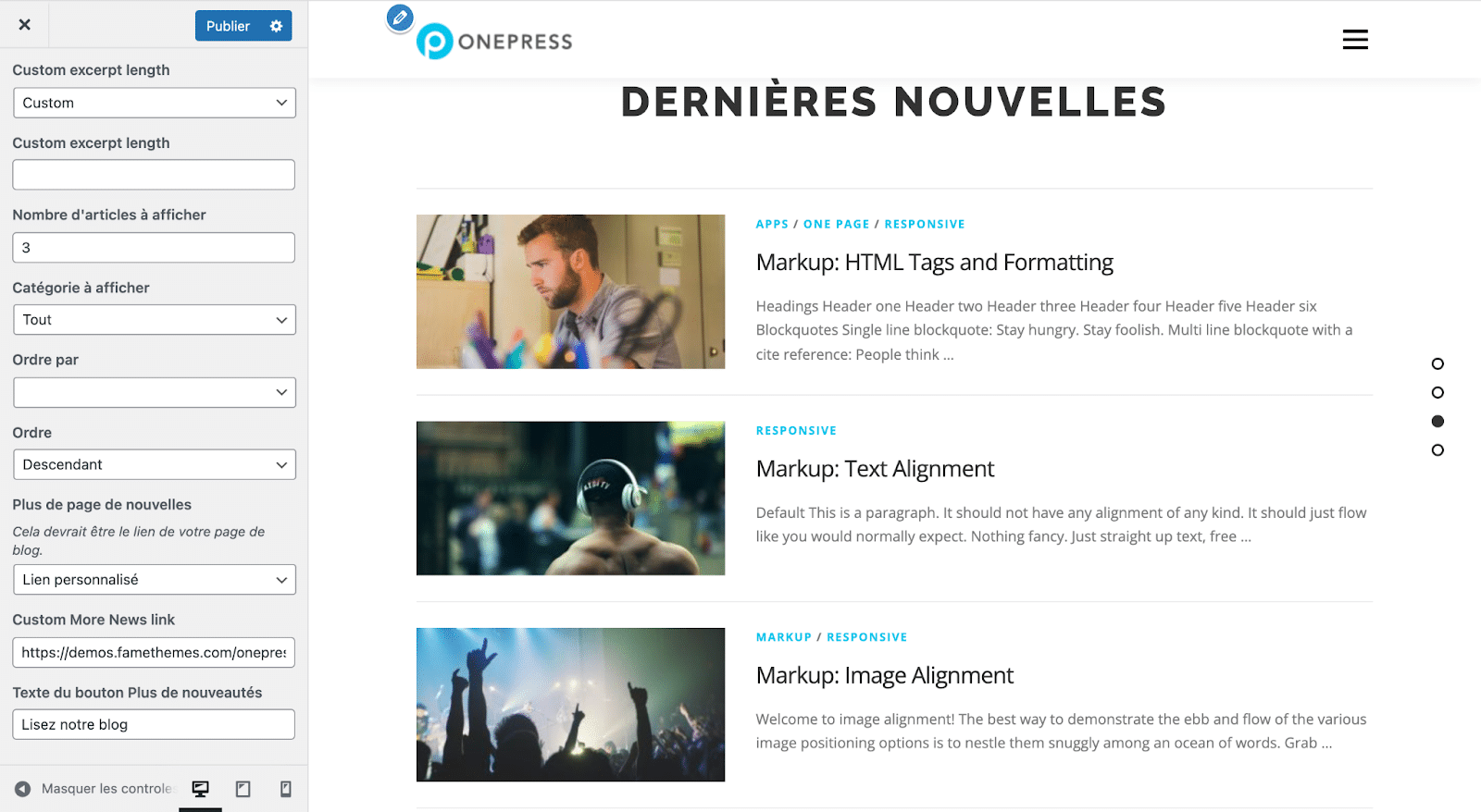 Personnalisation de la section "Nouveautés" avec le thème OnePress.