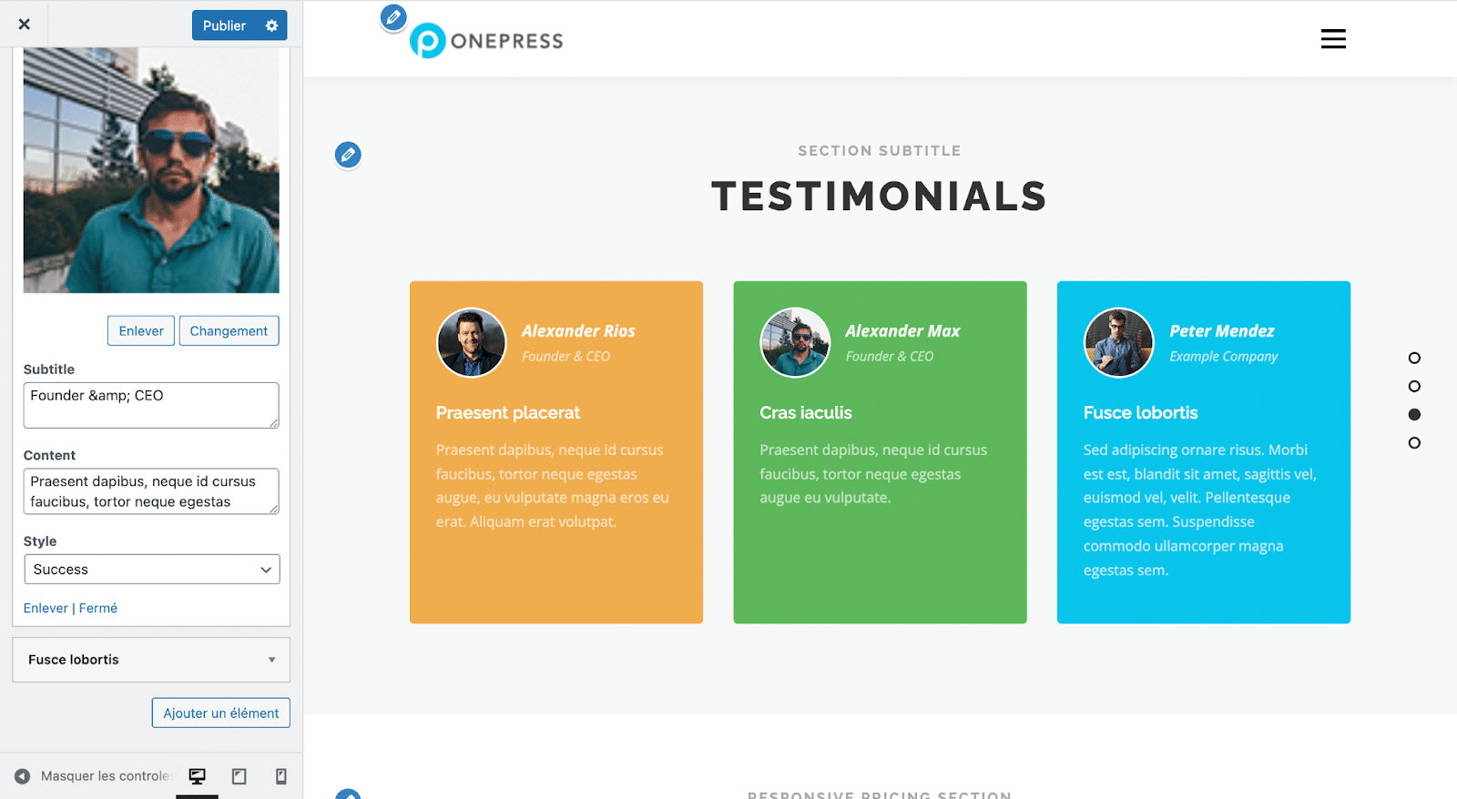 Section "Témoignages" d'un site OnePress.