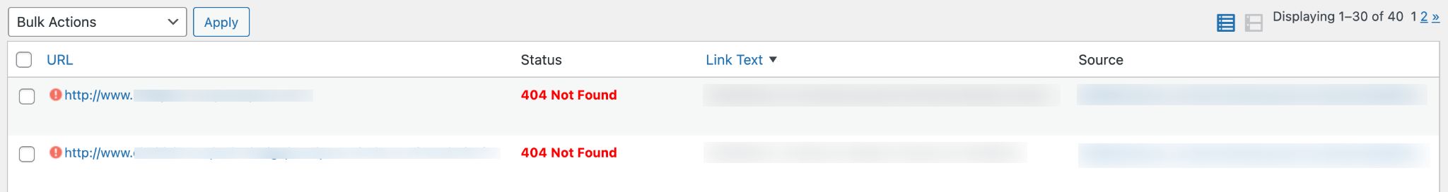 404 Not Found examples of WordPress 404 errors with the Broken Link Checker plugin.