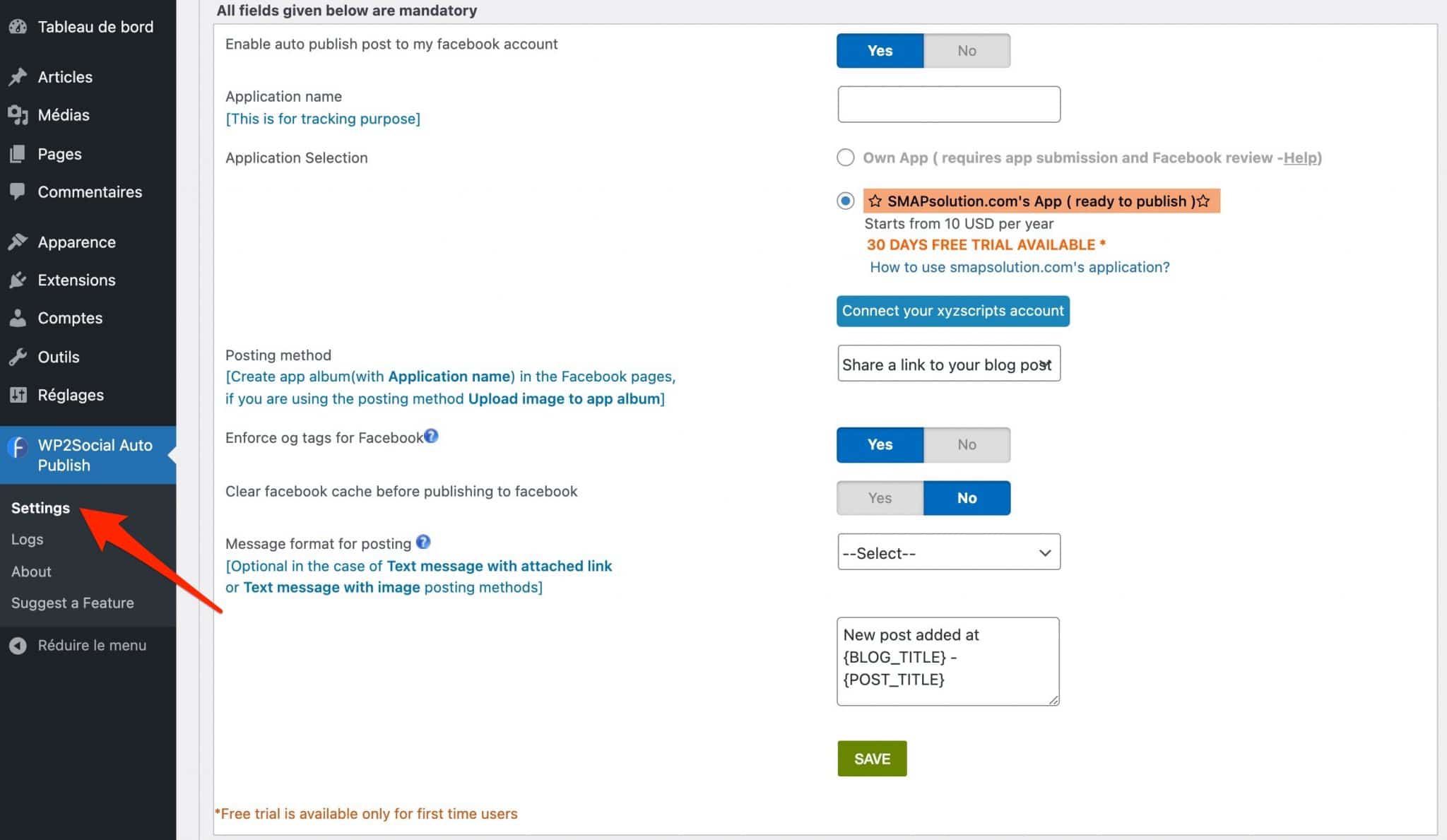 Réglages de l'extension WP2Social Auto Publish.