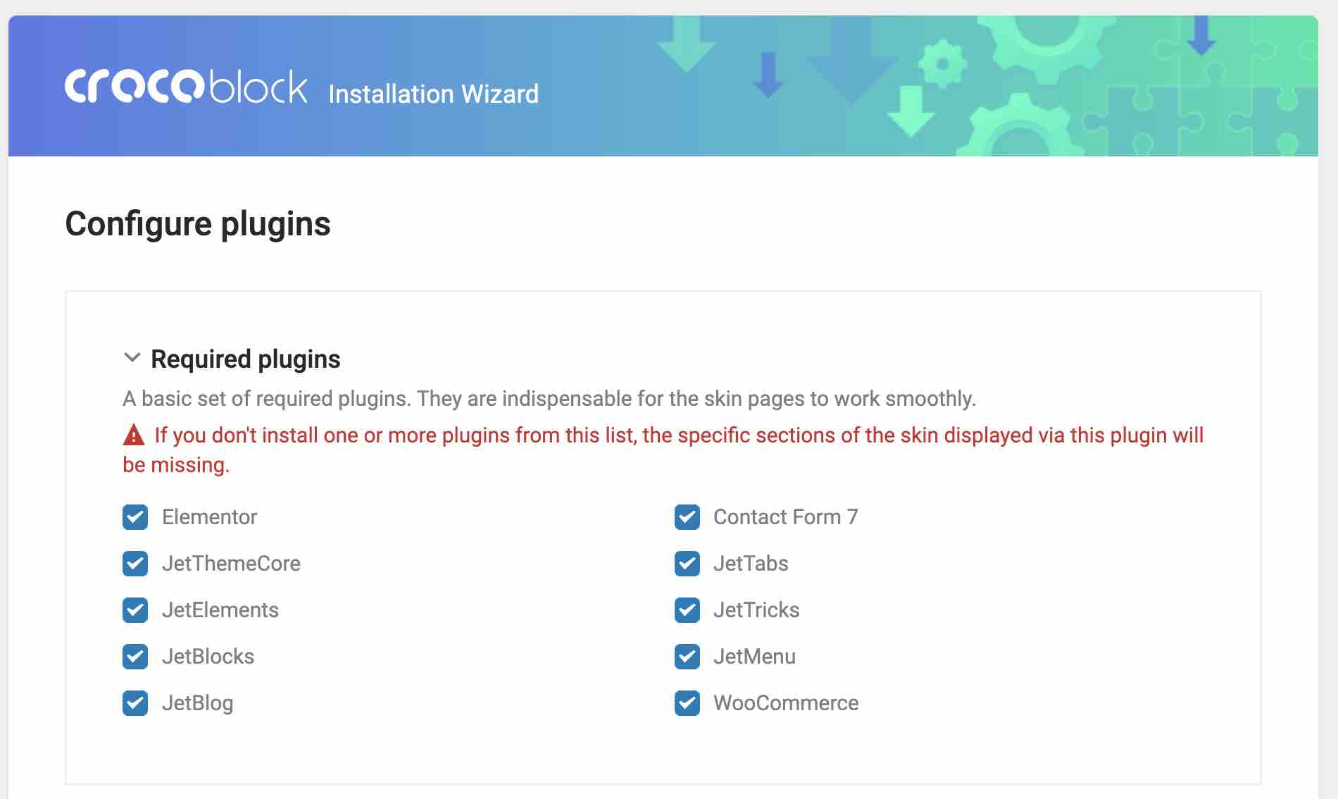 Configuration des plugins sur l'assistant d'installation de Crocoblock.