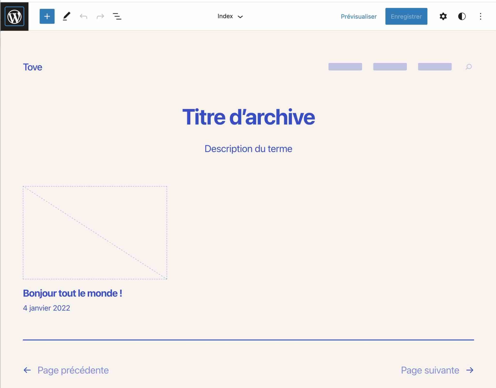 Aperçu d'une page du thème WordPress Tove sur l'éditeur de site.