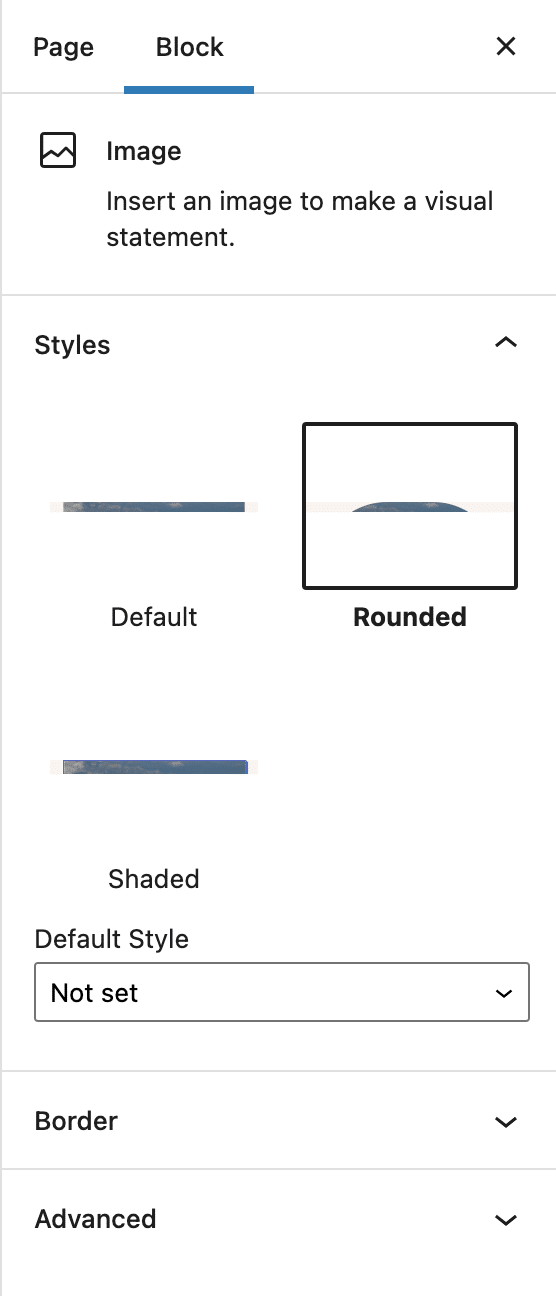 Image block styles available on Tove theme.
