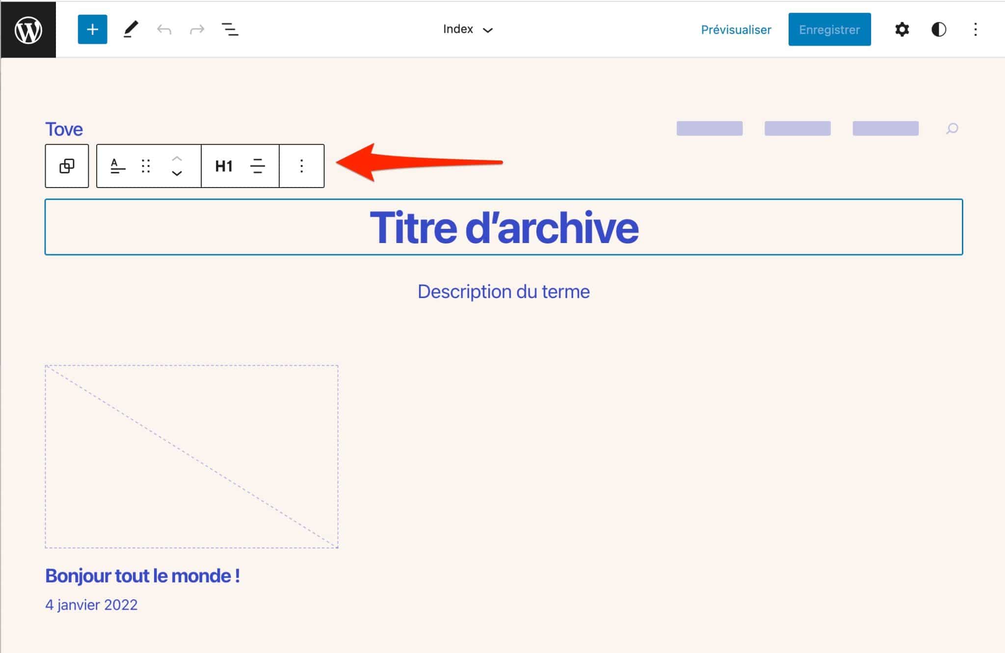 La barre d'outils de l'éditeur de contenu de WordPress sur Tove.