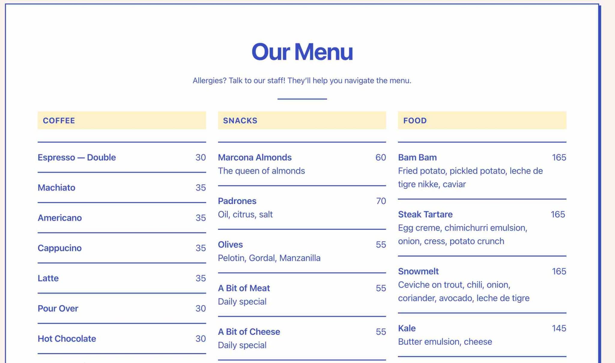 Une composition présentant un exemple-type de menu pour un restaurant.
