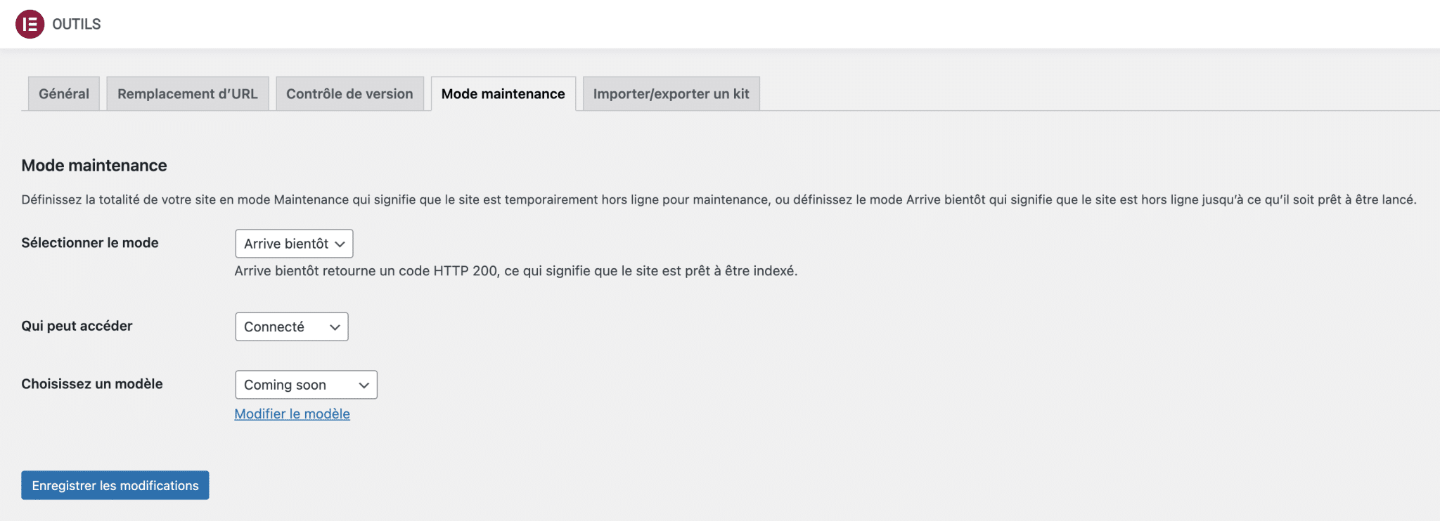 Activation et configuration du mode maintenance ou coming soon sur WordPress, dans les réglages d'Elementor.