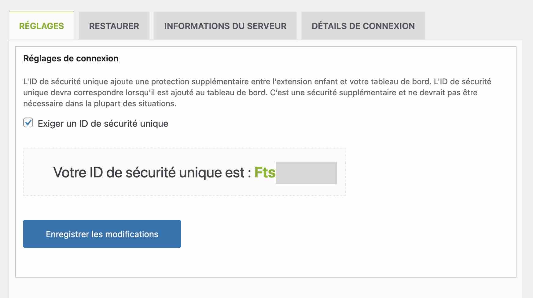 L'identifiant unique de sécurité proposé par MainWP.