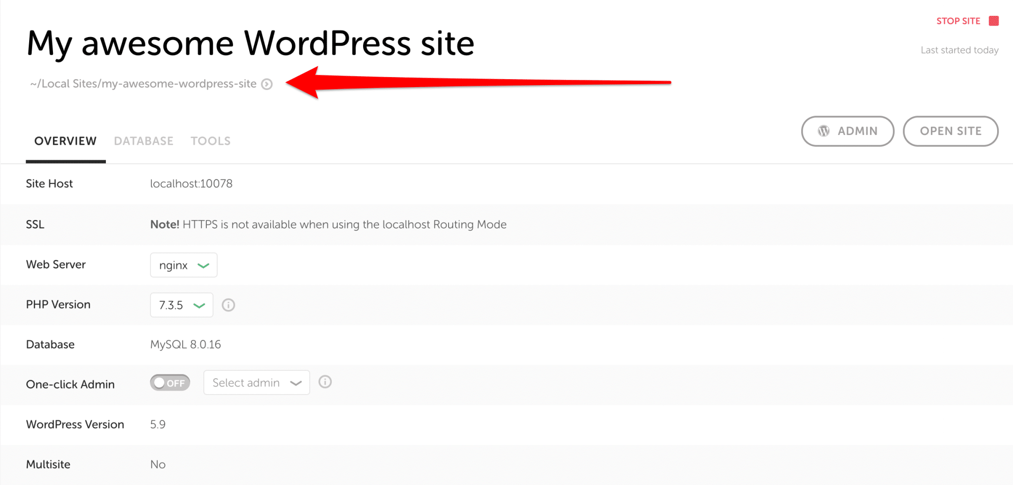 The location of your WordPress site files locally, with Local by Flywheel.